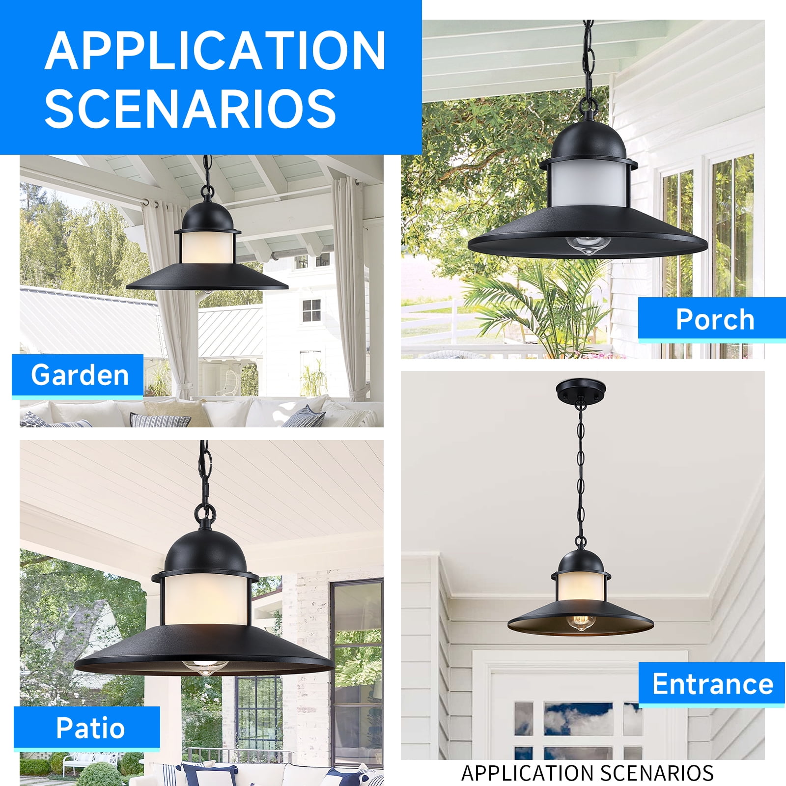 Outdoor Pendant Light 2 Pack, Modern Outside Chandelier Outdoor Hanging Lantern Light in Matte Black with Frosted Glass, Exterior Pendant Lighting Fixture Ceiling Mount for Porch Patio Gazebo