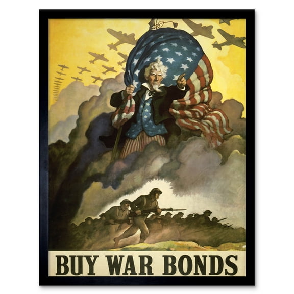 Buy War Bonds WWII USA Stars Stripes Flag Soldiers Aircrafts Vintage Political Propaganda Art Print Framed Poster Wall Decor 12x16 inch