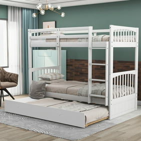 Merax Twin Over Twin Solid Wood Bunk Bed with Trundle, White
