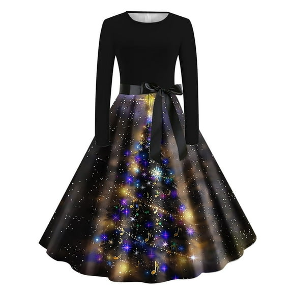 VBVC No Boundarie Women's Santa Claus Tie Belt Dress,Ladies Sparkling Snowflake Midi Dress,Merry Christmas Clothes Gift For Women,Black,Size M