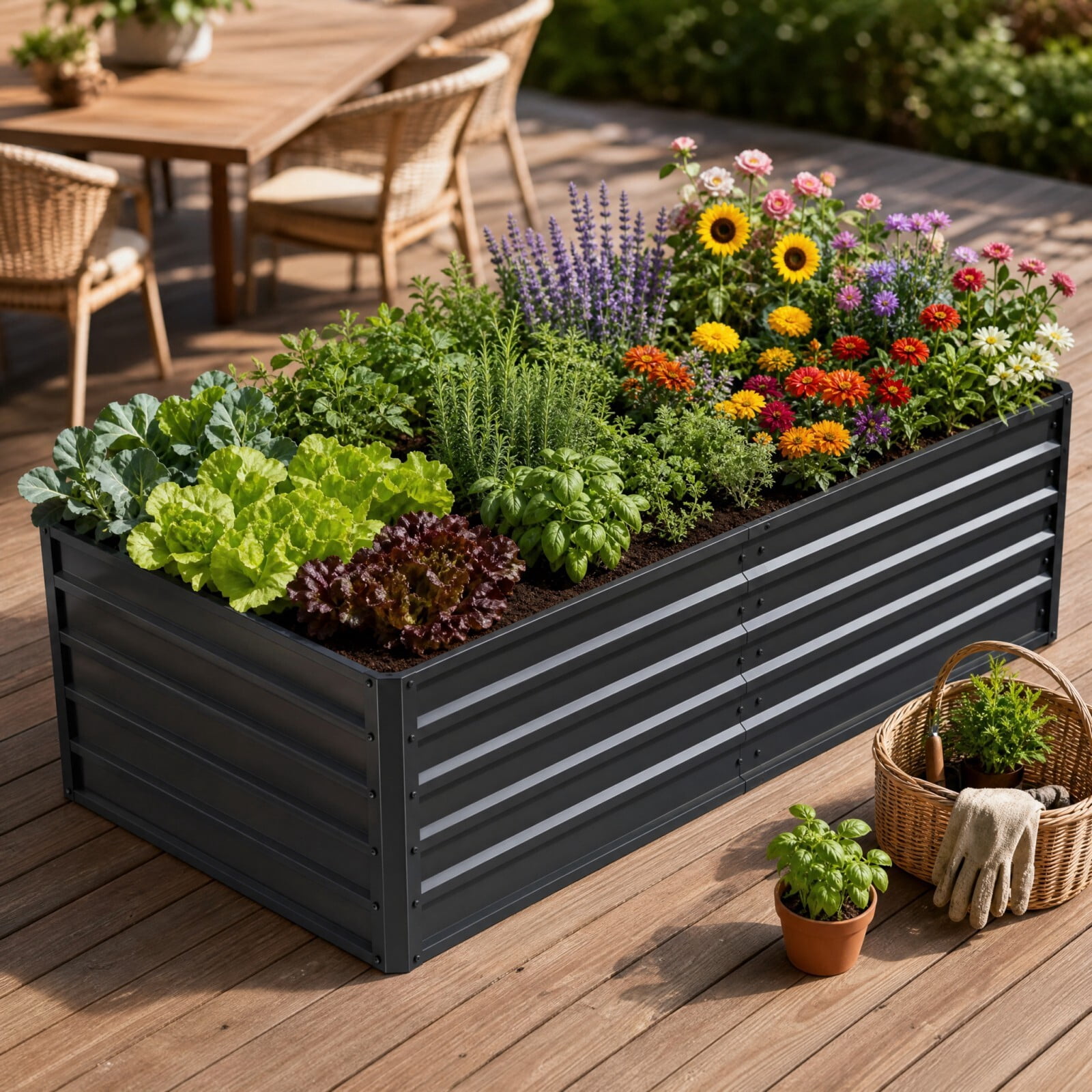 Kelno Galvanized Metal Raised Garden Bed 6x3x2ft Outdoor Planter Box for Vegetables Flowers Herbs Open Bottom Rectangular Raised Bed, Dark Gray