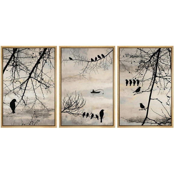 IDEA4WALL Framed Canvas Print Wall Art Set of 3 Birds in Trees Silhouette Rustic Landscape Prints Minimalist Vintage Nature Art Countryside Farmhouse Artwork for Bedroom - Natural 24"x36"x3