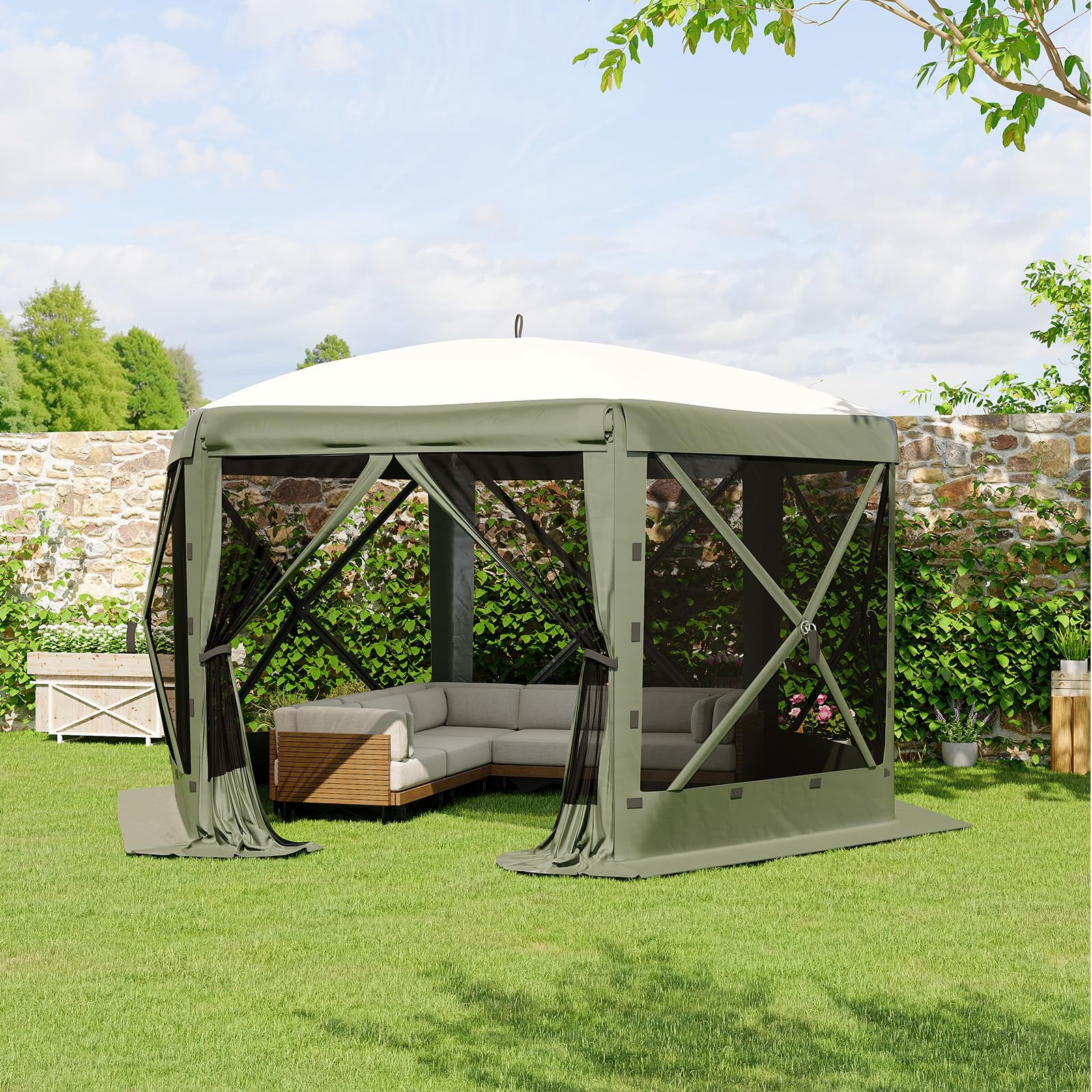 13x13FT 6-Sided Pop Up Canopy Tent，One-Push Setup Canopy Tent with Removable Canopy Top & Wind Cloths, Outdoor shelter for Camping, Backyard Parties, Outdoor Events - Green