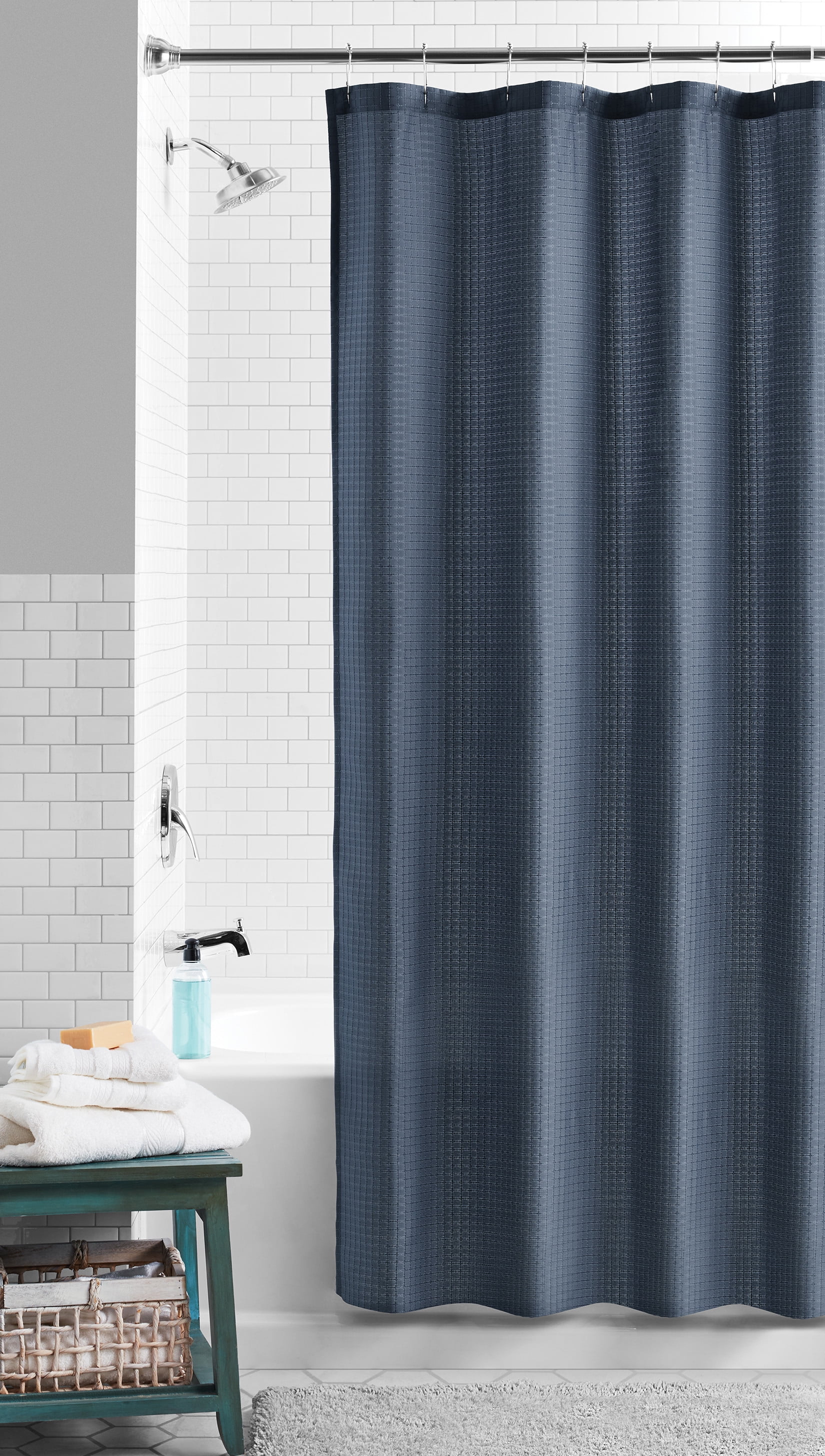 (3 pack) Mainstays Eco-Friendly Waffle-Weave Fabric Shower Curtain, Recycled Polyester, 72” x 72”, Navy Blue