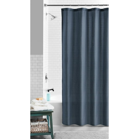 Mainstays Eco-Friendly Waffle-Weave Fabric Shower Curtain, Recycled Polyester, 72” x 72”, Navy Blue