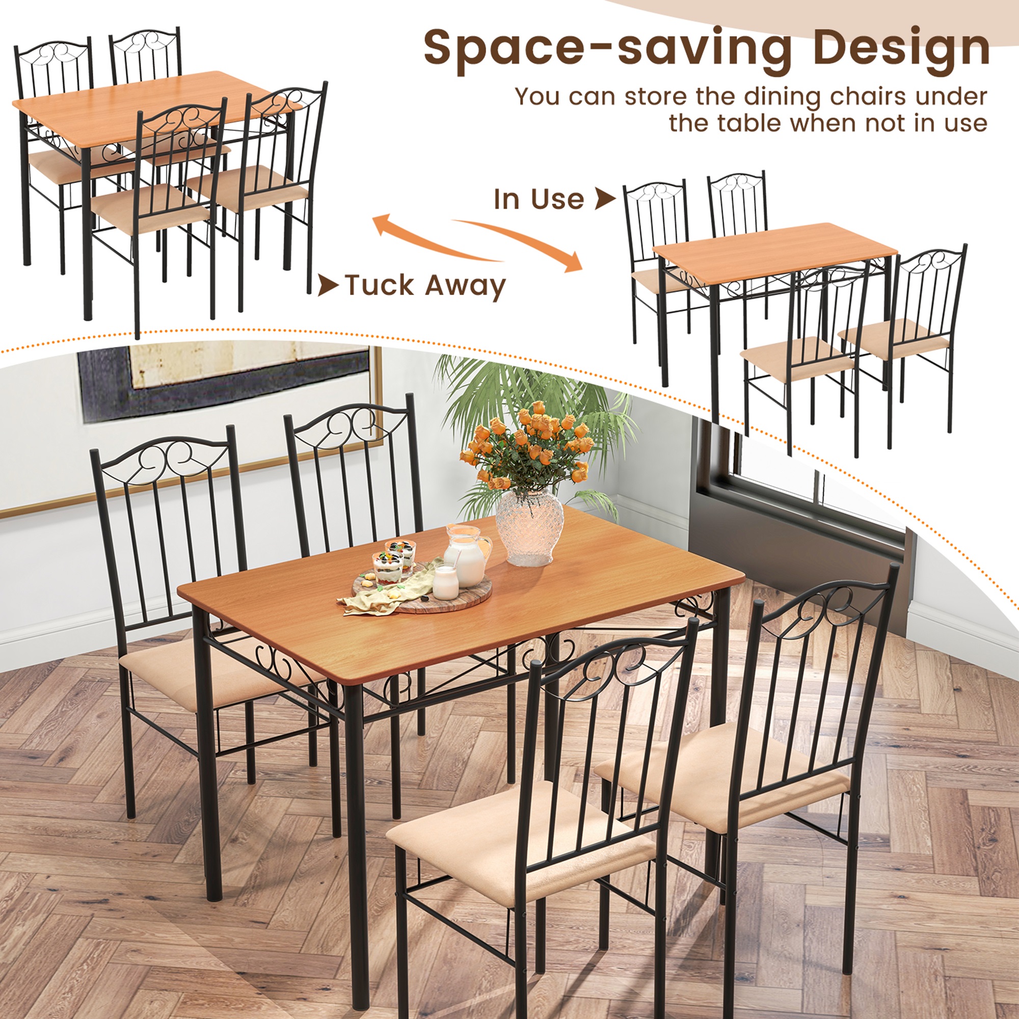 Costway 5 PC Dining Set Wood Metal 30" Table and 4 Chairs Black Kitchen Breakfast Furniture - image 5 of 8