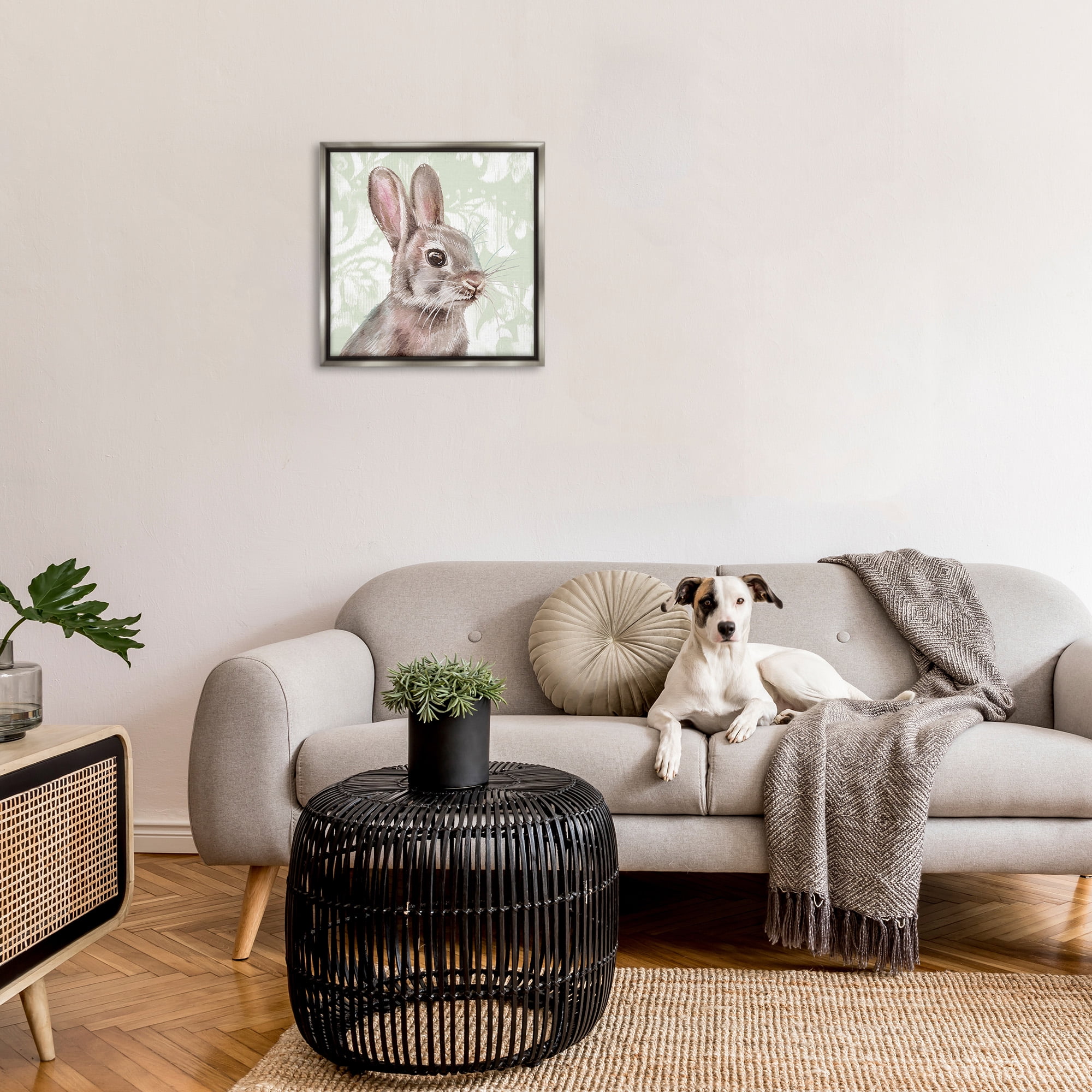 Stupell Industries Rabbit with Floral Pattern Animals & Insects Painting Gray Floater Framed Canvas Art Print Wall Art, 25 x 25