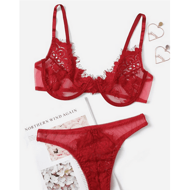 Sprifallbaby Women's Lace Bra Underwear Lingerie   High Waist T-String Panties Casual Solid Color 2Pcs Set
