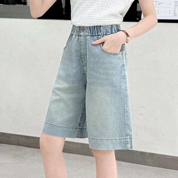 ATOGUTA Denim Shorts Girl High Waisted Size 5T-15 Elastic High Waist Baggy Denim Shorts Summer Preppy Wide Leg Bermudas with Pockets Light Blue