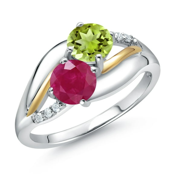 Gem Stone King 925 Sterling Silver and 10K Yellow Gold Red Ruby Green Peridot and White Lab Grown Diamond 2 Stone Engagement Ring for Women (1.14 Cttw, Round 5MM, July Birthstone, Size 9)