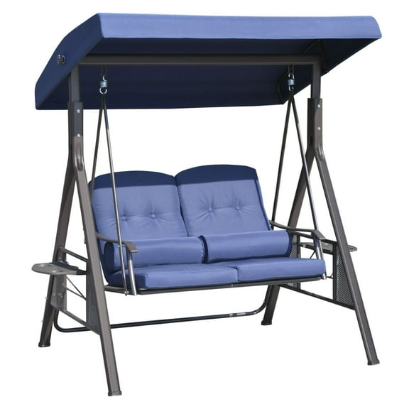 2-Person Patio Swing Chair Outdoor Canopy - Dark Blue, Adjustable Shade, Cushions & Pillows