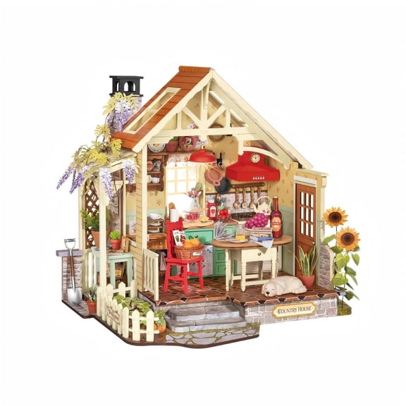 Rolife Sunlit Farmhouse Kitchen DIY Miniature House Kit, 438-Piece Dollhouse Model with Warm LED Light and Garden Scene