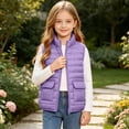 thumbnail image 5 of Spazoro Girls Lightweight Puffer Vest with Patch Pockets, Stand Collar Full Zip Solid Color Sleeveless Warm Quilted Outerwear Gilet Purple Size 5-6, 5 of 9