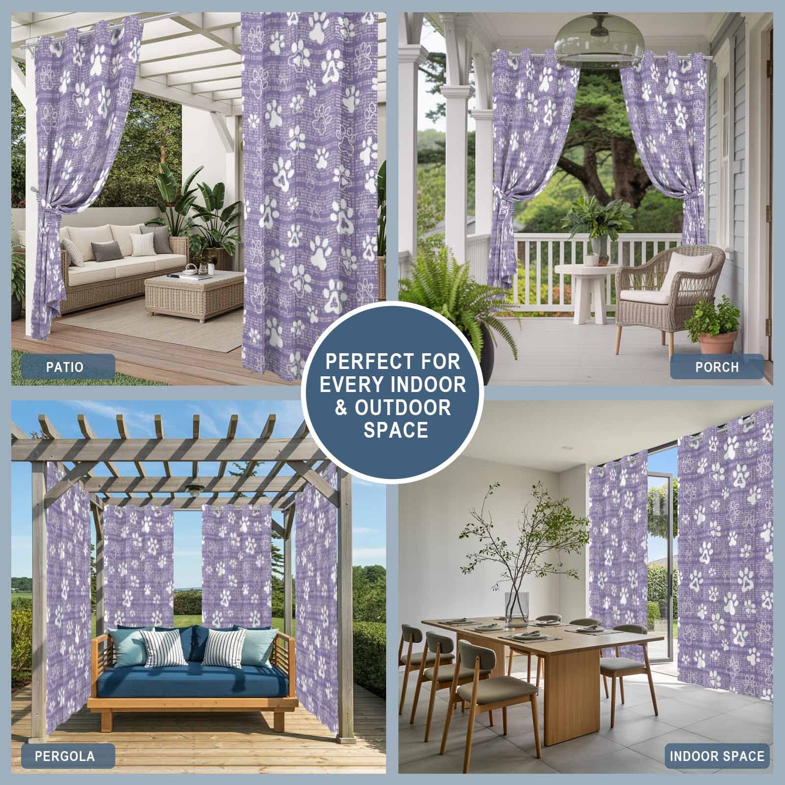 Purple Paw Print Outdoor Curtains for Patio, Modern Classic Purple White Animal Large Paw Pattern Plaid Sunshade Privacy Drapes Grommet Waterproof Outside Curtains for Porch Balcony 54"x108", 1 Panel