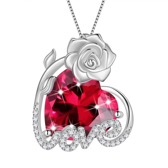 Juwaliy 15MM Rose Heart Women Necklace July Birthstone 925 Sterling Silver Flower Love Jewelry Pendant Red Ruby Mother Birthday Christmas Valentine's Day Gift