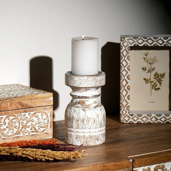 Expobazaar Candle Holder|Hand Carved Wooden Pillar Candle Stand|6"