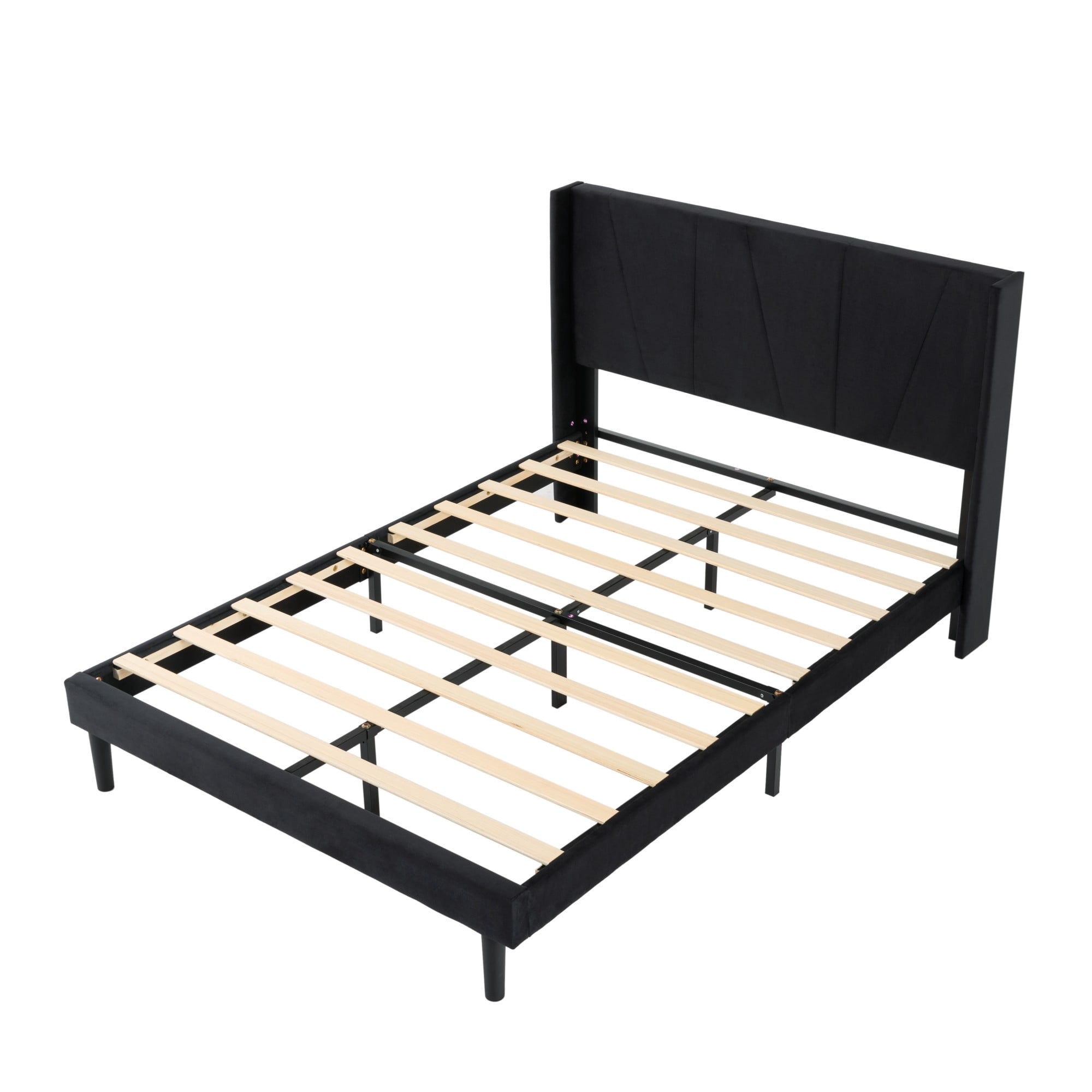 Gewnee Full Size Bed Frame,Velvet Upholstery Platform Bed with Headboard,No Box Spring Needed,Black