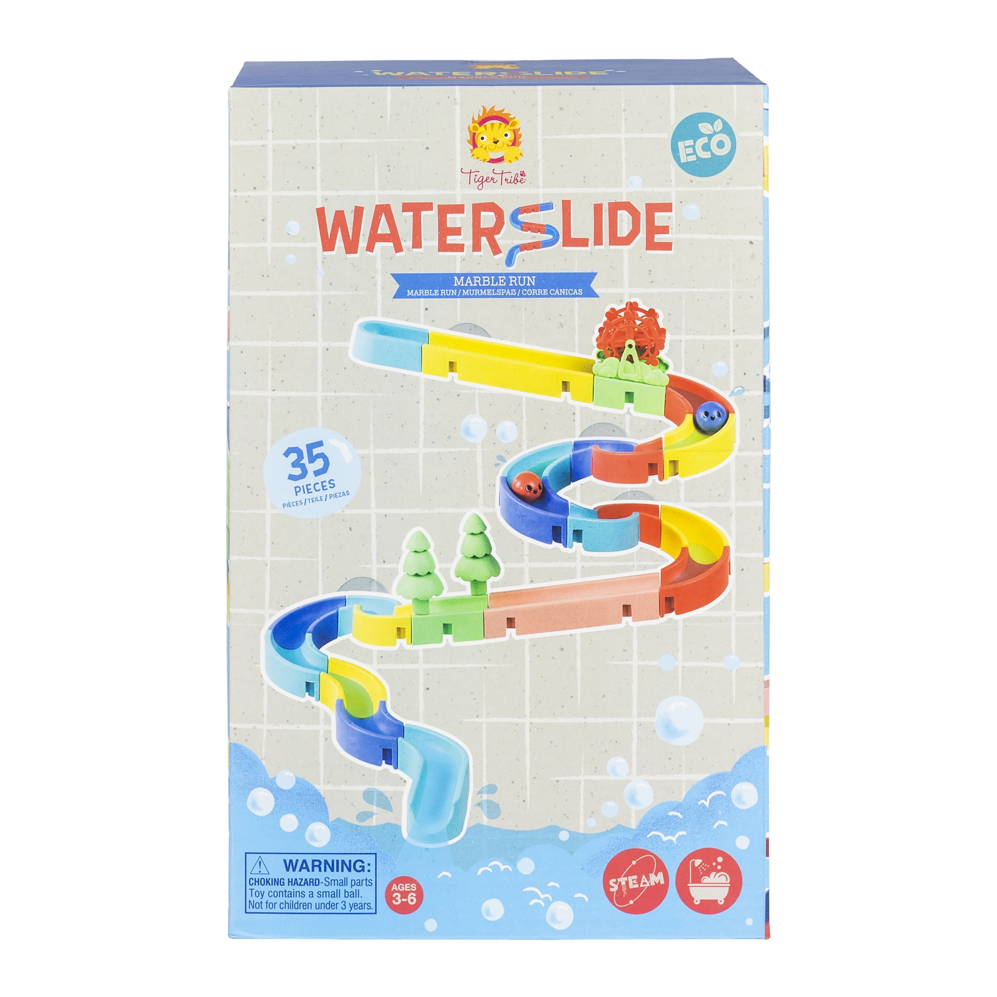 Tiger Tribe Waterslide Marble Run - Interactive ECO Bath Toy with 25 Configurable Pieces & Suction Cups, Fun for Kids, STEM Learning, 2 Balls Included