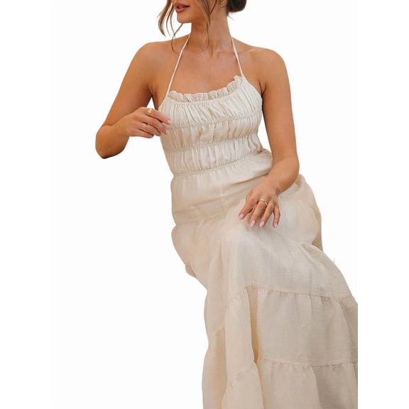 Jaimenalin Women'S Halter Tie Back Sleeveless Tiered Smocked Maxi Dress Color M