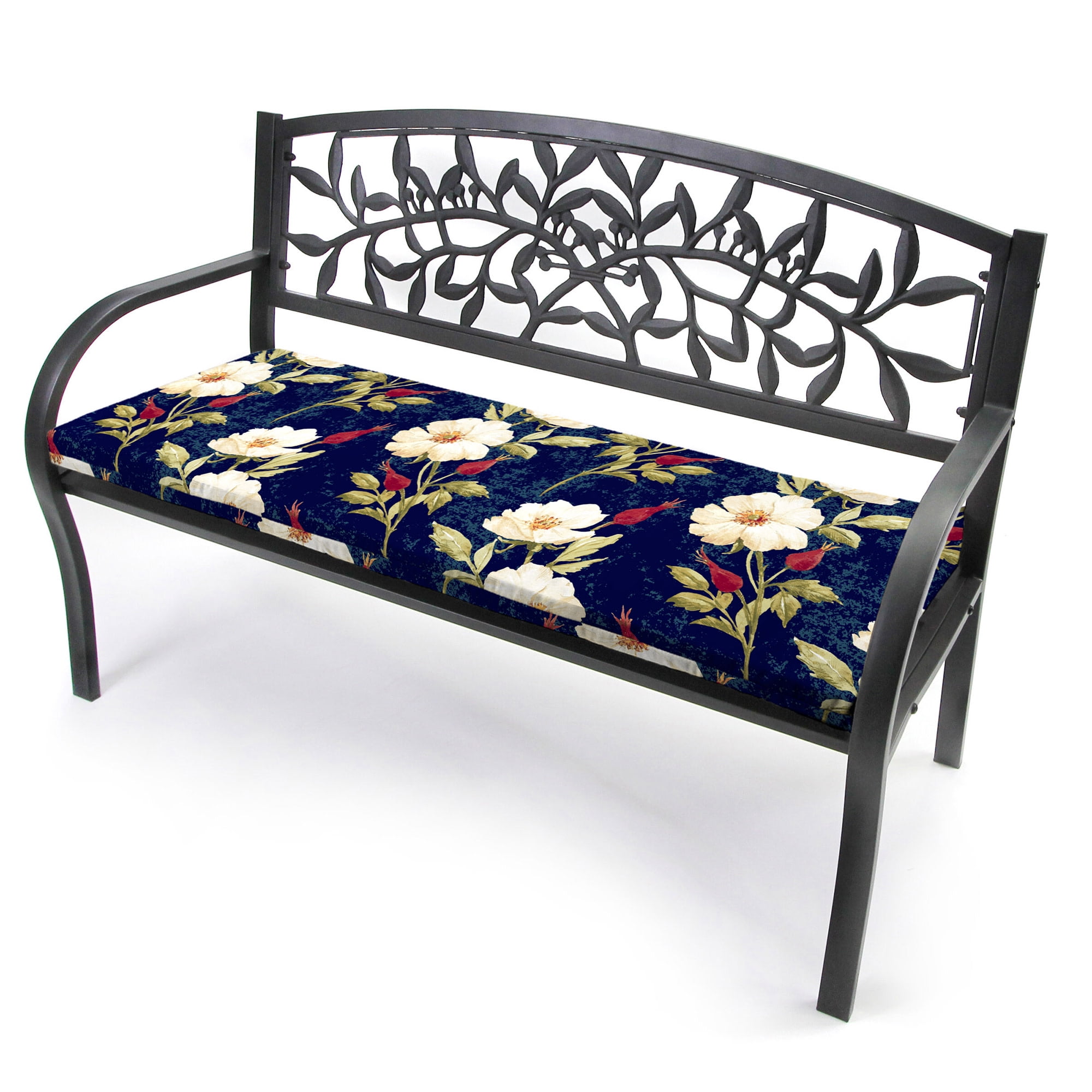 Jordan Manufacturing 40" x 20" Rose Garden Navy Floral Rectangular Outdoor Settee Swing Bench Cushion with Ties