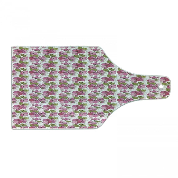 Pink Floral Cutting Board, Blooming Flowers on Abstract Geometric Shapes, Decorative Tempered Glass Cutting and Serving Board, in 3 Sizes, by Ambesonne