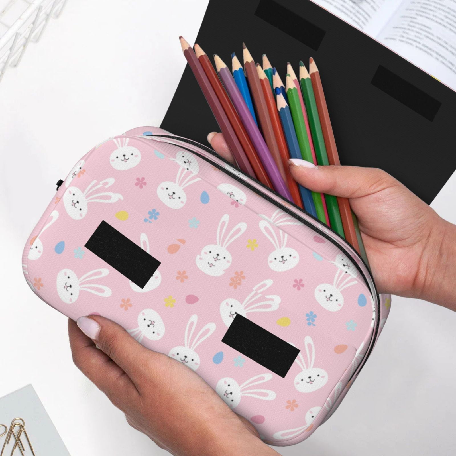Rateoe Easter Cute Rabbit Pattern Double Clamshell Pen Case, Storage Organizer with Two Zipper Compartments– Holds Up to 50 Pencils & Pens