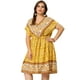 thumbnail image 4 of Women's Plus Size Dress Boho Placed Pattern V Neck Drop Shoulder Drawstring Waist Dresses Yellow 2X, 4 of 7