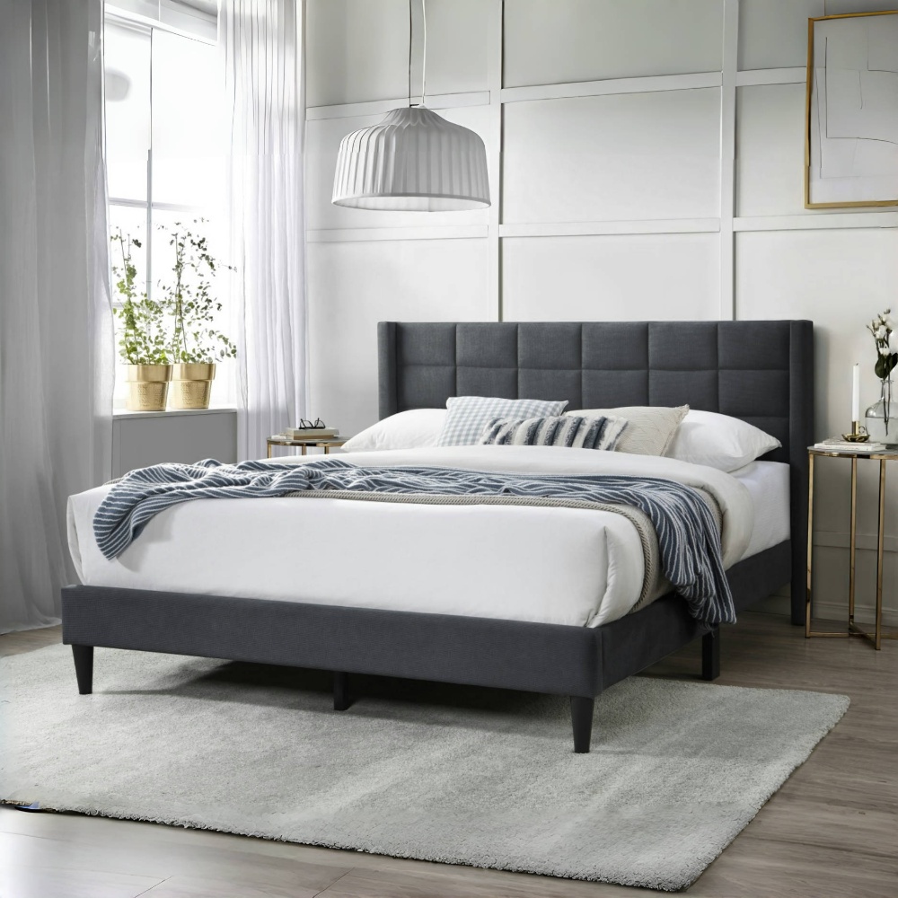 Tcbosik Queen Size Bed Frame with Upholstered Wingback Headboard, Platform Bed for Bedroom, Heavy Duty Wooden Slats Support, Easy Assembly, Charcoal
