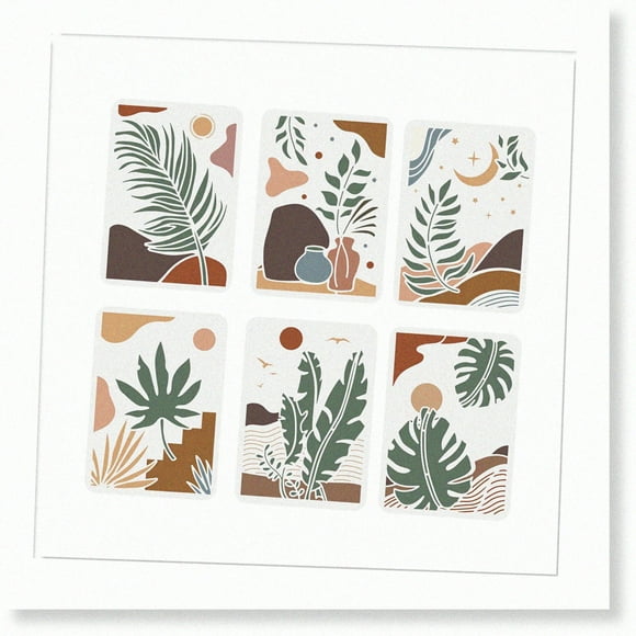 Nature's Boho Vibe: 6-Piece Tropical Plant Painting Set with Leaves, Sun, Moon, and Vase Patterns - Perfect for Wall Art, Wood Signs, and Reusable Decor - 11.7x8.3 Inches Each