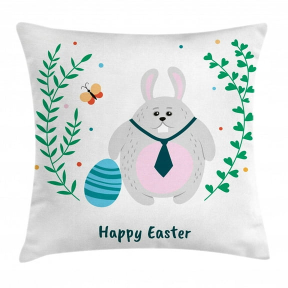Easter Bunny Throw Pillow Cushion Cover, Sweet Rabbit Tie Happy Easter Typography Plain Background, Decorative Square Accent Pillow Case, 24" X 24", Baby Pink Sea Green Pale Grey, by Ambesonne