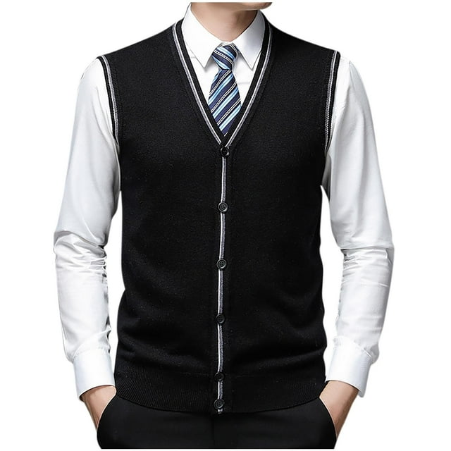 Rbaofujie Fall Sweaters Men's Casual Solid Color Sleeveless Four Seasons Wool Knitted Cardigan Black Fall Sweaters