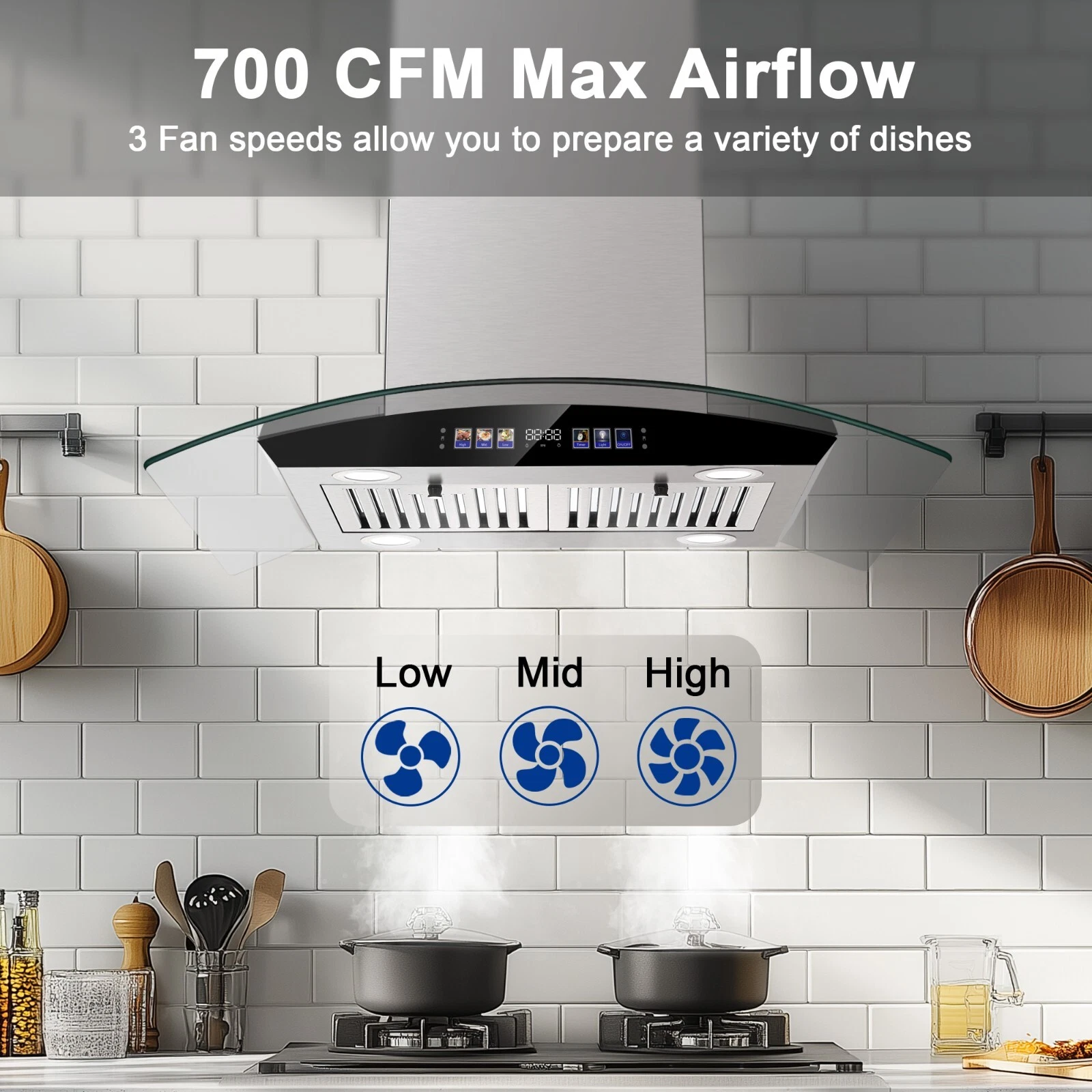 30 inch Range Hood 700 CFM Island Mount Range Hood Ceiling Mount Kitchen Vent Hood Touch Control Gesture Sensing