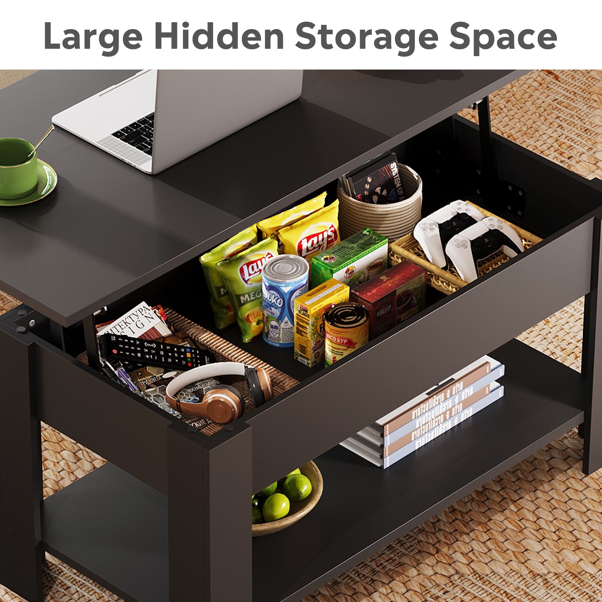 GALAXHERO 39" Lift Top Coffee Table with Storage Shelf & Hidden Compartment and Lifting Top for Home Living Room Office and Reception Room Black