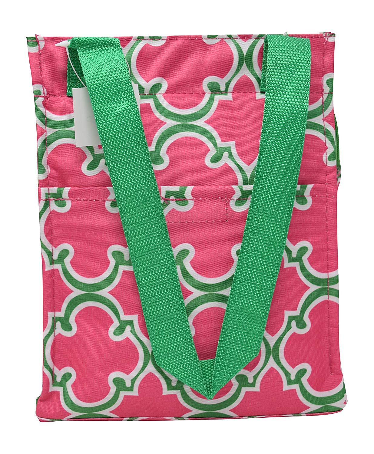 Reusable Zippered Top Insulated Lunch Bag (Pink / Green Quatrefoil