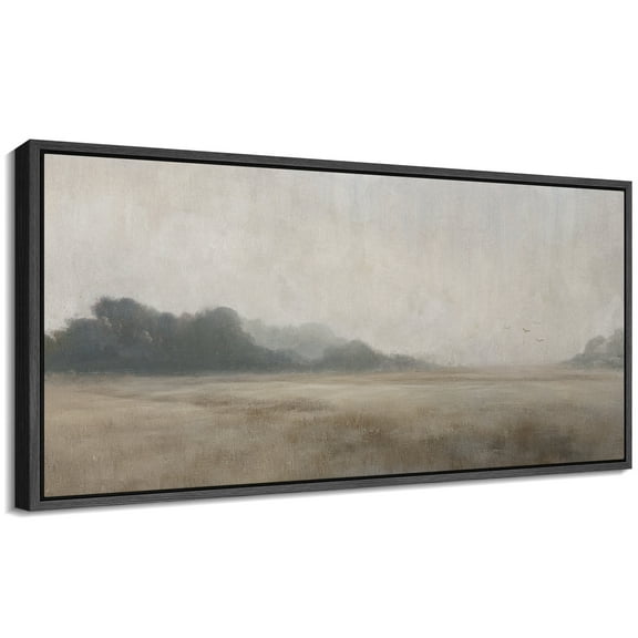 Large Framed Canvas Print Foggy Marshland with Distant Trees - Atmospheric LandscapeWall Art Decorative Ready to Hang Painting for Living room Bedroom 60x30 inches Black Frame