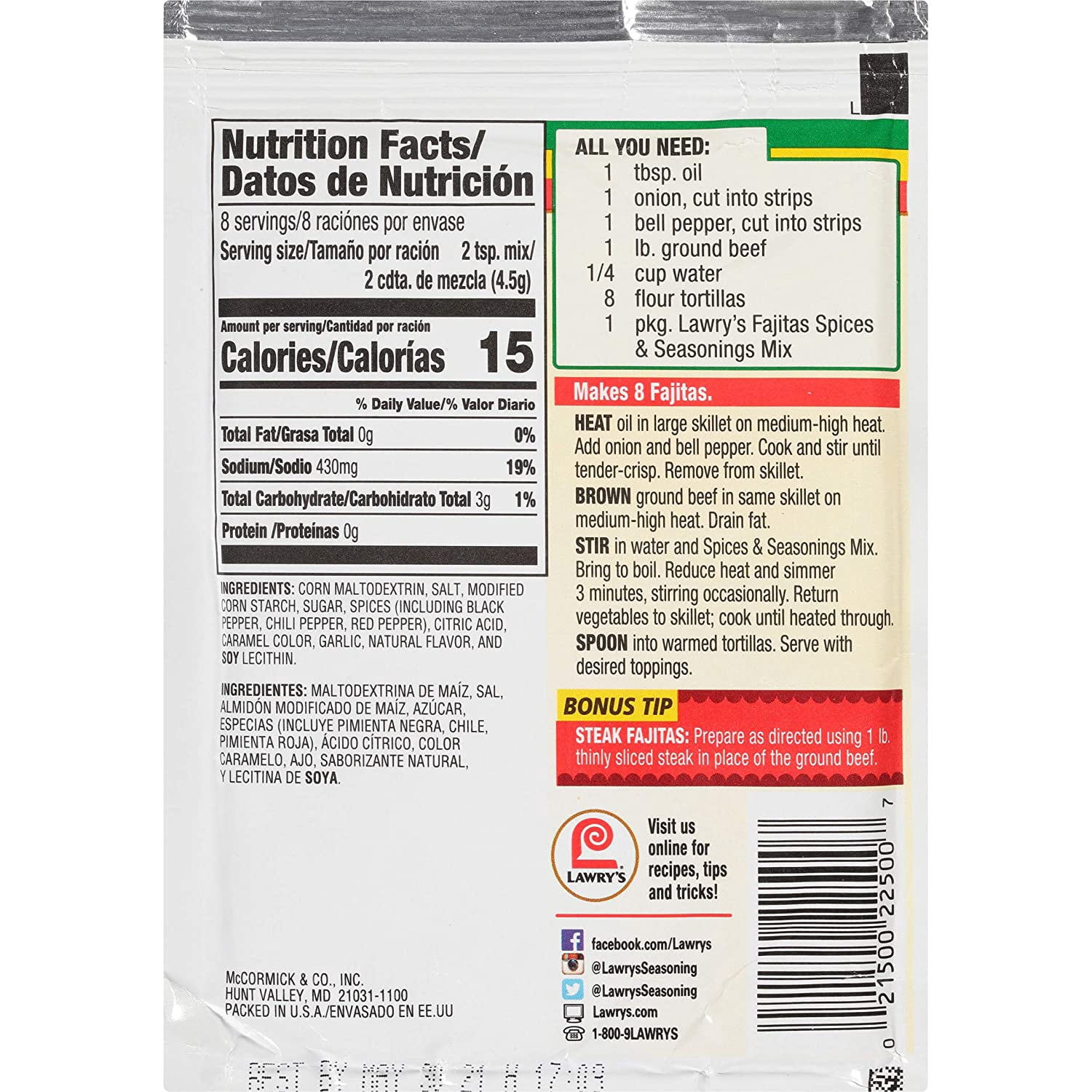 Lawrys Fajita Seasoning Mix,1.27 Ounce (Pack of 12)