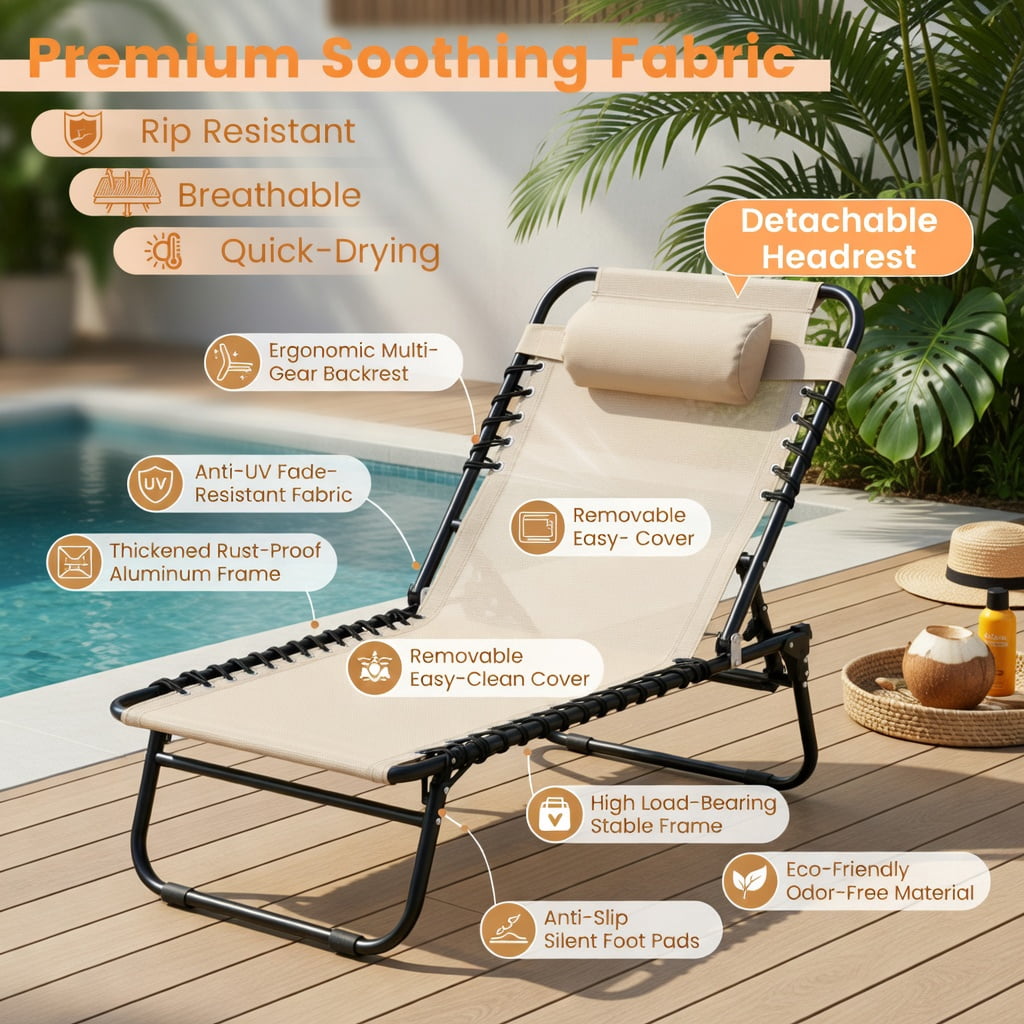 Hommoo Foldable Reclining Lounge Chair with Adjustable Backrest & Footrest, Lightweight Portable Beach, Camping & Patio Chair, Beige