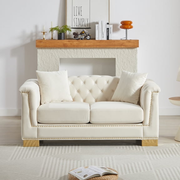 62" Chesterfield Sofa, Velvet Rolled Arms, Nailhead & Cloud Accents, 2-Seater,Beige