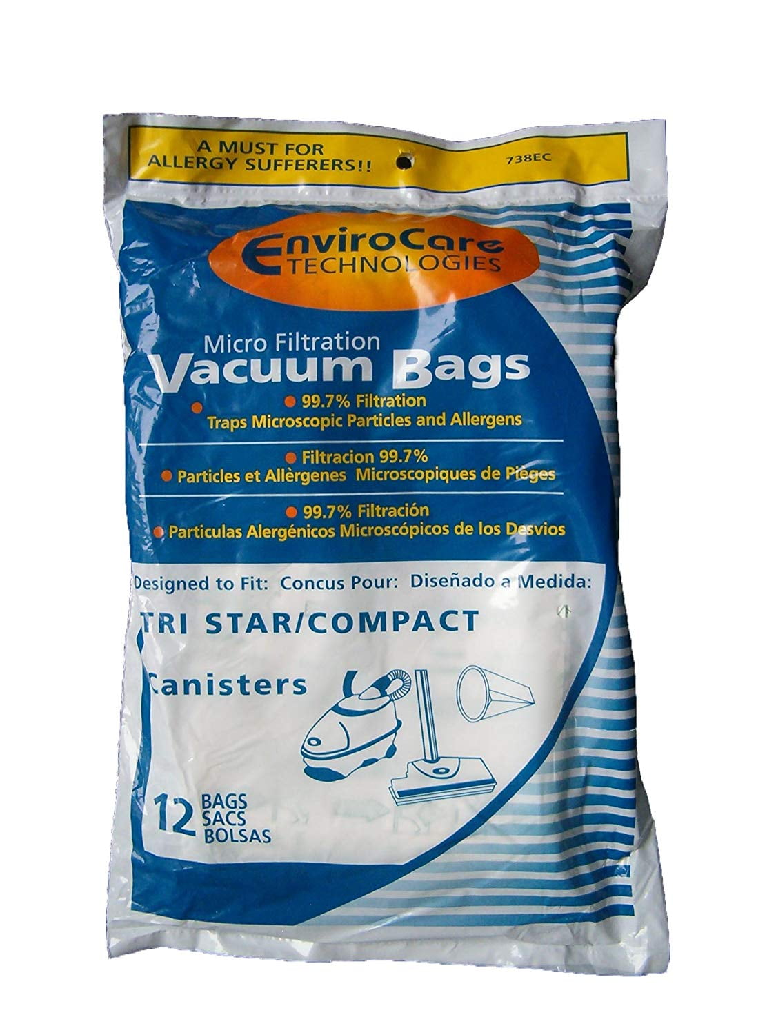 Micro Filtration Vacuum Bags for Tri Star/Compact (12 Bags)[738EC], Fits: Miracle Mate,Airstorm, Patriot, MG1, MG2, Tristar EXL, Dust Care PULLMAN-HOLT.., By Tristar