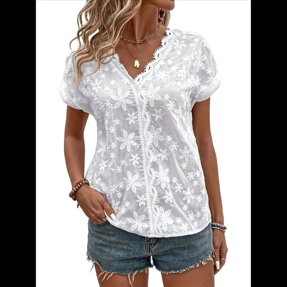 Blusas de Corta con Cuello en V y Bordado con Ojales para Mujer M