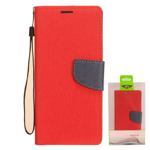 Apple iPhone 11 PRO MAX Wallet Case Premium Canvas Pu Leather Denim Pocket Slim Folio Cover Flip Stand with Credit Card Holder Slot & Lanyard Strap RED Cover for Apple iPhone 11 Pro Max / 6.5"