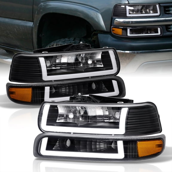 AJP Distributors LED DRL Black Housing Clear Lens Amber Reflector Headlights Bumper Signal Lamps Set Compatible/Replacement For Chevy Silverado Suburban Tahoe 1999 2000 2001 2002 2003 2004 2005 2006