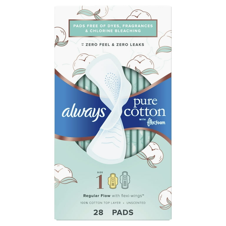 Always Pure Cotton with FlexFoam Size 1 Regular Flow Pads with Wings,  Unscented