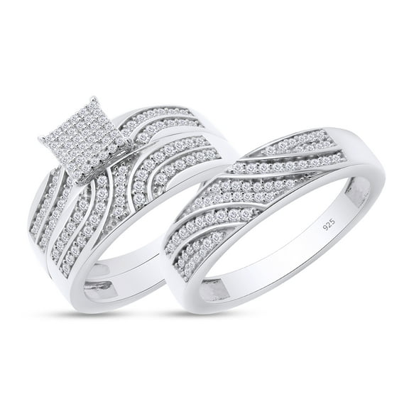 AFFY 0.50CT Round Moissanite Diamond Men & Women's Engagement Trio Ring Set 14K White Gold over Silver Size: Women-4 & Men-7