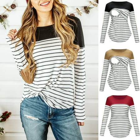 

Douhoow Women T-shirt Maternity Tops Breastfeeding T-shirt Pregnant T-shirt Loose Striped Tops
