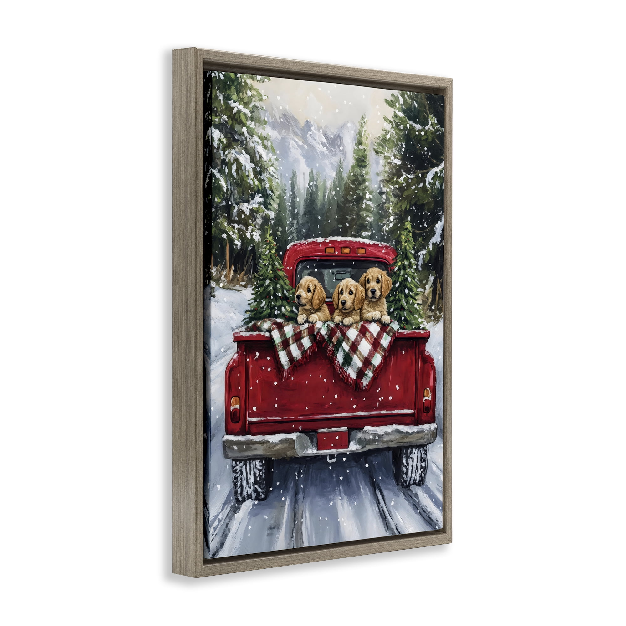 Golden Pups Christmas Truck Brown Framed Floater Canvas Wall Art, design by Petal Prints Design