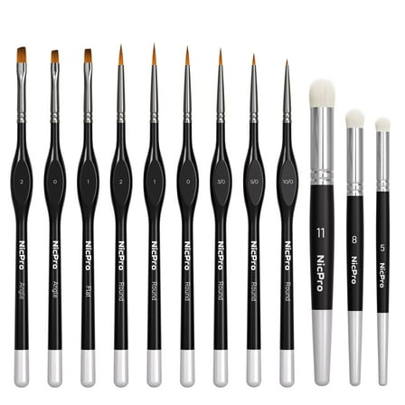 Nicpro Miniature Paint Brushes & Dry Brush - 12PCS Model Paint Brush Set for Acrylic Watercolor Oil, Detail Painting Drybrush Kit for Miniature Painting, Model, Paint by Number, Craft