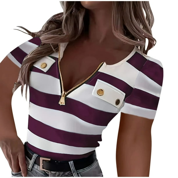 mfyjkho Tops Casuales Para Mujer, Blusa Informal De Verano De Manga Corta Con Cuello En V Y Rayas De Gran Tamaño Para Mujer Tops Para Mujer M