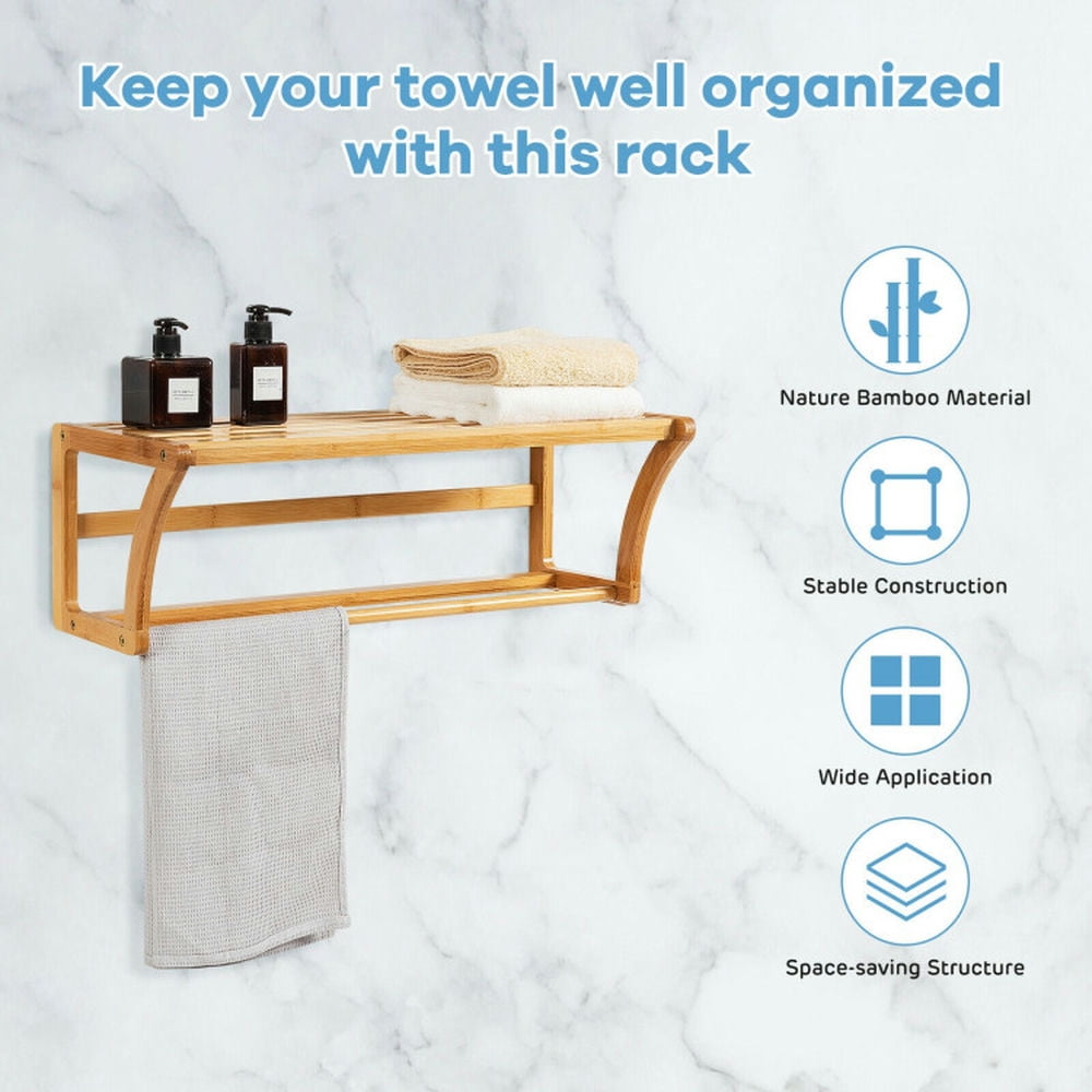 Finihen Wall Mounted Towel Rack, Towel Holder, Bamboo Towel Bar Wall Mounted Storage Towel Rack Bathroom Shelf, for Bathroom, kitchen, Natural