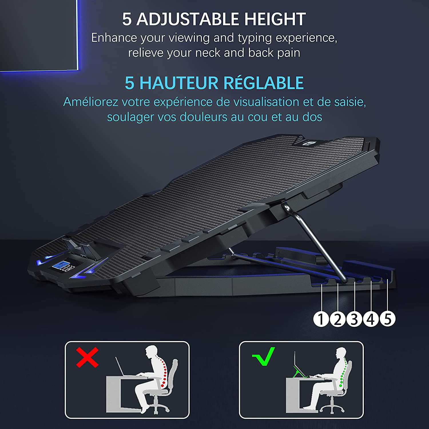 C5 12-15.6 inch Gaming Laptop Cooler Cooling Pad | 5 Quiet Fans and LCD Screen 2500RPM Strong Wind Designed for Gamers Office